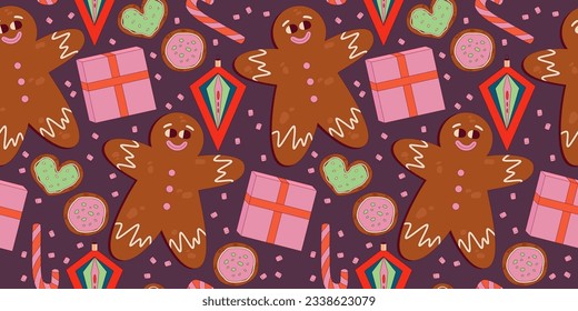 Retro Weihnachten nahtlose Muster. Groovy Weihnachtsfigur mit Gesicht. Fantastische Weihnachtsfigur für Comic Design. Seltsames Maskottchen. Retro-Cartoon-Muster, Vektorgrafik