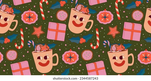 Retro Weihnachten nahtlose Muster. Groovy Weihnachtsfigur mit Gesicht. Fantastische Weihnachtsfigur für Comic Design. Seltsames Maskottchen. Retro-Cartoon-Muster, Vektorgrafik