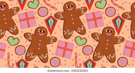 Retro Christmas seamless pattern. Groovy christmas character with face. Funny xmas character for comic design. Weird mascot. Retro cartoon pattern vector illustration