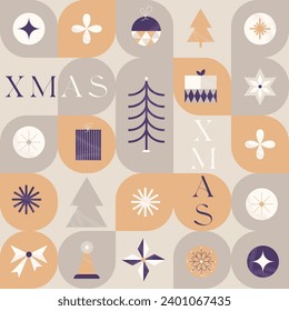 Retro Weihnachten Nahtlose Muster in einem minimalistischen Retro-Stil mit Weihnachtssymbolen und -elementen. Nahtloser geometrischer Hintergrund. Vektorgrafik.