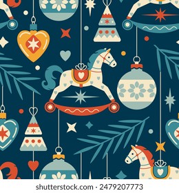 Retro Christmas seamless pattern. Noel bauble decorations, for tree branches, rocking horse. Fairy concept for gift, wrapping paper, fabric. Bright flat style.