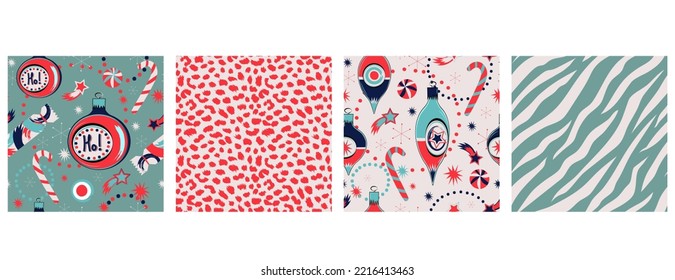 Retro Christmas seamless pattern set with Christmas tree decorations, candy, stars, party poppers and geometric textures.