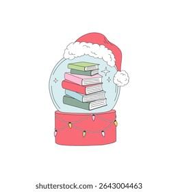 Retro Christmas Snow Globe in Santa Hat with Stack of Books Inside vector illustration isolated on white. Ideal for holiday greeting cards, seasonal book-themed merchandise, cozy winter decor, and