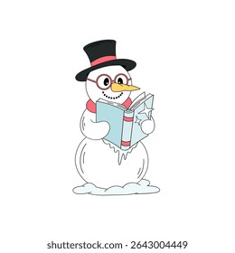 Retro Christmas Snowman Reading Frozen Book in Glasses Cozy Winter vector Illustration isolated on white in Hand Drawn Style. Ideal for holiday greeting cards, winter book themed designs, educational