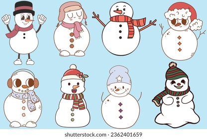 Retro Christmas Snowman for Winter and Groovy Christmas Designs, Retro Vintage Snowman Wearing Santa Hat Set