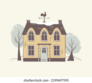 Retro Christmas snowy house outside interior with winter landscape and trees. Vector vintage building illustration hand drawn cartoon flat style for New Year holday greeting