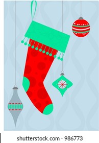 Retro Christmas sock and ornaments. Vector Illustration.