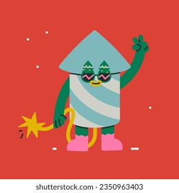 Retro Christmas sparkler character. Groovy cartoon firework in sunglasses say Hi. Perfect for greeting cards or branding. Festive digital art. All items are isolated