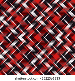 Retro Christmas Tartan plaid red black diagonal Vector Patter. Retro midcentury style Winter Holiday checkered plaid seamless pattern in black, white, red.
