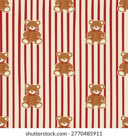Retro Christmas Teddy bear, stripes seamless pattern. Red striped winter holiday ornament, wallpaper, cozy repeat background. Vector textile design for New Year clothes, pajamas, fabric, festive wrap Retro Christmas Teddy bear, stripes seamless pattern. Red striped winter holiday ornament, wallpaper, cozy repeat background. Vector textile design for New Year clothes, pajamas, fabric, festive wrap