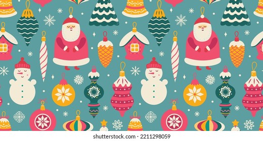 Retro Christmas toys seamless pattern. for wrapping paper, wallpaper and fabric. Vector winter background