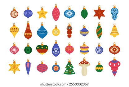 Retro Christmas toys. Vintage New Years decorations. Holiday decor, stars, trinkets hanging. Celebrating balloons for Xmas tree. Vector simple tidy design, cartoon flat style isolated illustration set