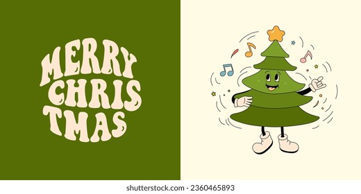 Retro Christmas tree character, Groovy lettering Merry Christmas. Holiday Trendy t shirt print design in shape. Vector illustration