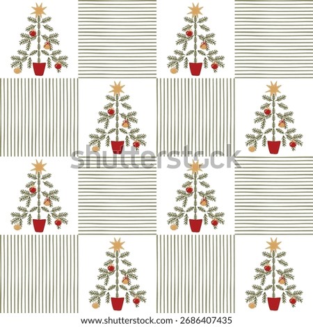 Retro Christmas tree checkered seamless pattern. Hand drawn winter holiday plaid design, geometric wallpaper, stripes and fir tree, vintage repeat background. Vector festive textile design, wrap paper