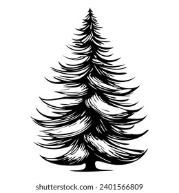 Retro Christmas tree in doodle style vector illustration in black ink. For designing stylish New Year's corporate cards or holiday invitations for holidays or parties. nature silhouettes
