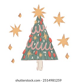 Retro Christmas Tree with Garland and Balls. Cute Holiday Isolated stickers