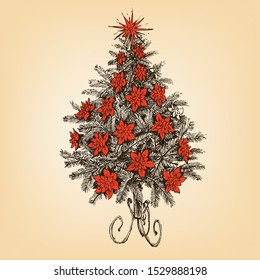 Dessin à la main d'un arbre de Noël rétro. Ornements de fleur ou de poinsettia de Noël
