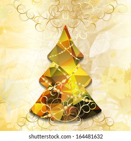 Retro Christmas tree with hipster triangle pattern and elegant golden curls on textured and splashed background. Happy New Year and Merry Christmas 2014. 