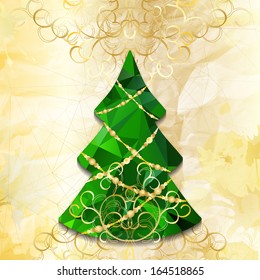 Retro Christmas tree with hipster triangle pattern and elegant golden curls on textured and splashed background. Happy New Year and Merry Christmas 2014. Fully editable spots along the edges.
