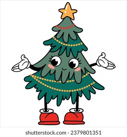 Retro Christmas tree kawaii. Cute Christmas tree with a face, arms and legs.