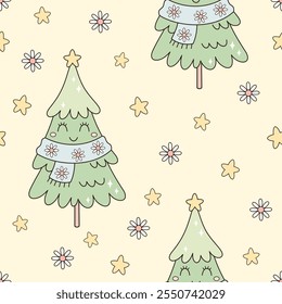 Retro Christmas tree seamless pattern. Merry Christmas digital paper. Cute Christmas Hand draw vector pattern in flat style