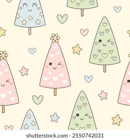 Retro Christmas tree seamless pattern. Merry Christmas digital paper. Cute Christmas Hand draw vector pattern in flat style