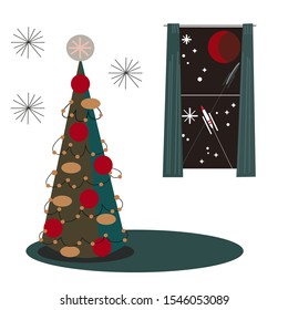 
Retro Christmas tree and window into space. Happy New Year for the concept of the universe. Vector image on a white background.
