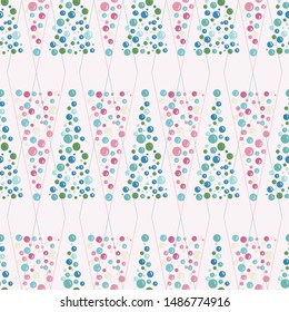 Retro Christmas trees seamless pattern in pink, blue and red. Alternating geometric triangle tree shapes. Perfect for gift wrapping paper, textiles. Vintage look glass bauble decorations. Vector.