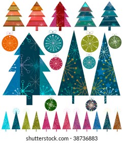 retro christmas trees and tags vector set