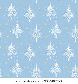 retro christmas trees vector seamless repeat pattern background tile, white on blue, simple vintage traditional, wallpaper, fashion print, textile pattern, scrapbooking, invitation, card, decoration