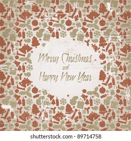 Retro christmas vector card with seasonal pattern - red and golden
