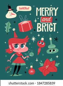 Elementos gráficos vectoriales de Navidad retro. Estilo de mediados de siglo