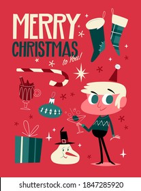Retro Christmas vector graphic elements. Mid-century style