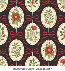 Retro Christmas vector seamless pattern: oval floral cameos, red ribbons. Nostalgic winter botanical design with poinsettia, mistletoe and holly. Vintage Victorian traditional framed holiday motifs