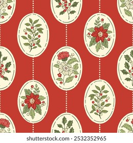 Retro Christmas vector seamless pattern: oval floral cameos and stripes. Nostalgic winter botanical design with poinsettia, mistletoe and holly. Vintage Victorian traditional framed holiday motifs