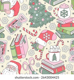 Retro Christmas vector Seamless Pattern with Stacks of Books, Santa Reading, and Festive Stockings on Pastel Yellow Background. Ideal for holiday gift wrap, seasonal greeting cards, fabric designs