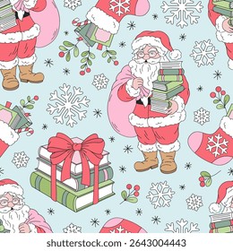 Padrão sem emenda vetor de Natal retrô com Santa Holding Livros e saco de presente, Decoração do livro de férias no fundo azul pastel. Perfeito para o envoltório de presente de Natal, tecido sazonal, papelaria festiva e acolhedor