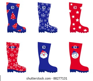 Retro Christmas wellington Boots set isolated on white