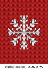 Retro Christmas white knitted snowflake on red Vector Poster. Winter and Christmas Holiday Poster, snowflake knit texture.