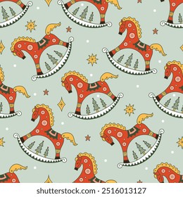 Retro Christmas-seamless pattern with rocking horses. Bright flat graphic style. Winter holiday background. Can be used for wallpaper, pattern fills, web page background, surface textures.