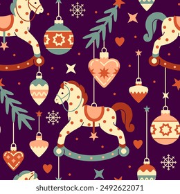 Retro Christmas-themed seamless pattern with rocking horses, fir tree decoration and snowflakes. Bright flat graphic style. Winter holiday background