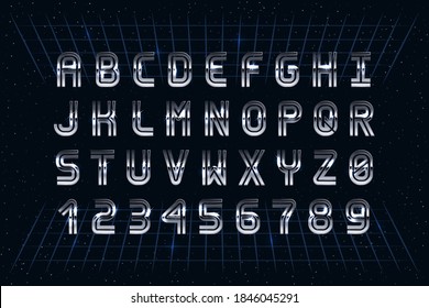 Retro Chrome Font in the Style of 80's. Vector Sci-Fi Typography. Letters and Numbers