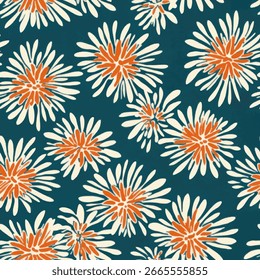 Retro chrysanthemum pattern in teal and orange. linen fabric print pattern, cotton, silk, vector illustration, doodle summer, kids and baby designs for print fabric.