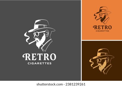 Retro Cigarettes logo featuring a stylish man in a hat and glasses. Suitable for branding, fashion labels, or any businesses aiming for a vintage aesthetic.