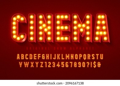 Retro cinema alphabet design, cabaret, LED lamps letters and numbers. Original design svg
