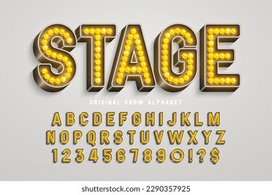 Diseño del alfabeto del cine retro, cabaret, letras de lámparas LED y números. Diseño original