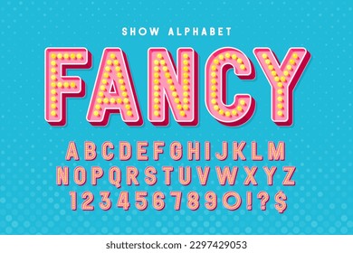 Retro cinema alphabet design, cabaret, LED lamps letters and numbers. Original design