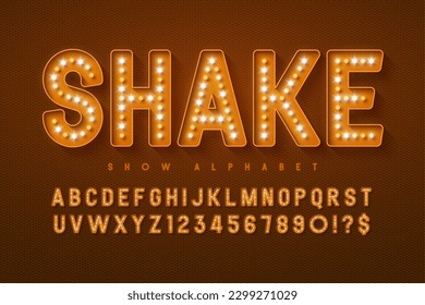 Retro cinema alphabet design, cabaret, LED lamps letters and numbers. Original design