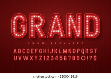 Retro cinema alphabet design, cabaret, LED lamps letters and numbers. Original design