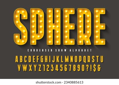 Retro cinema alphabet design, cabaret, LED lamps letters and numbers. Original design